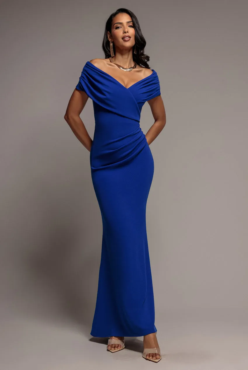 Goddiva Pleated Bardot Wrap abito lungo blu royal scuba