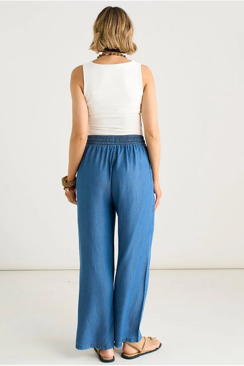 Gini London Chambray pantaloni palazzo blu vita elastica