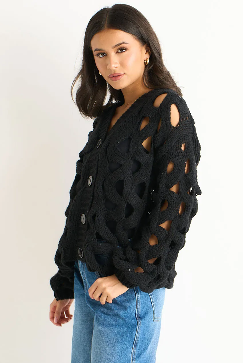 Gini London cardigan nero traforato chunky in maglia