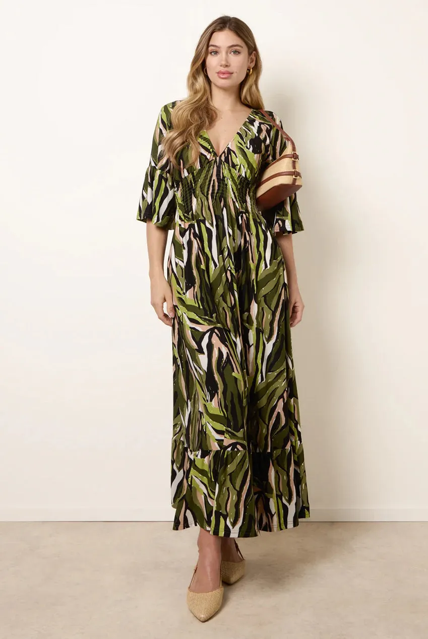 Blue Vanilla Shirred Empire Bust abito midi verde stampa scollo V