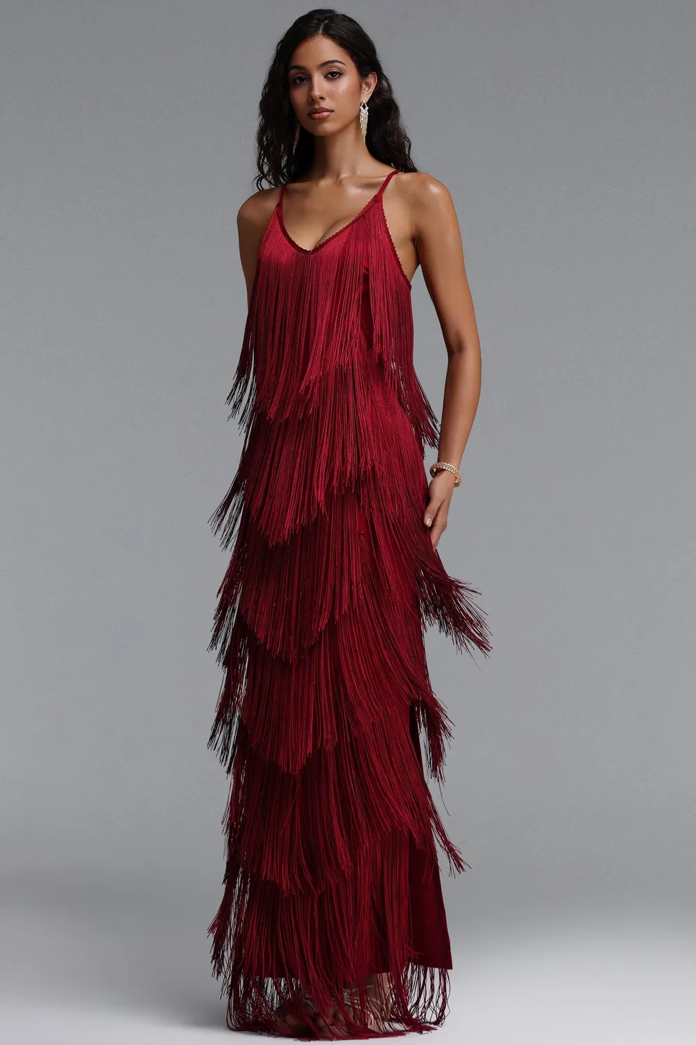Bella Barnett Alex Bandage abito maxi rosso frange scollo V