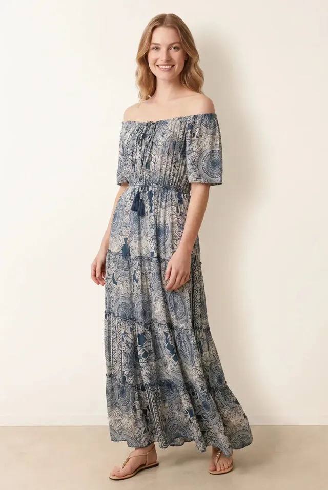 Blue Vanilla Bardot abito maxi navy spalle scoperte