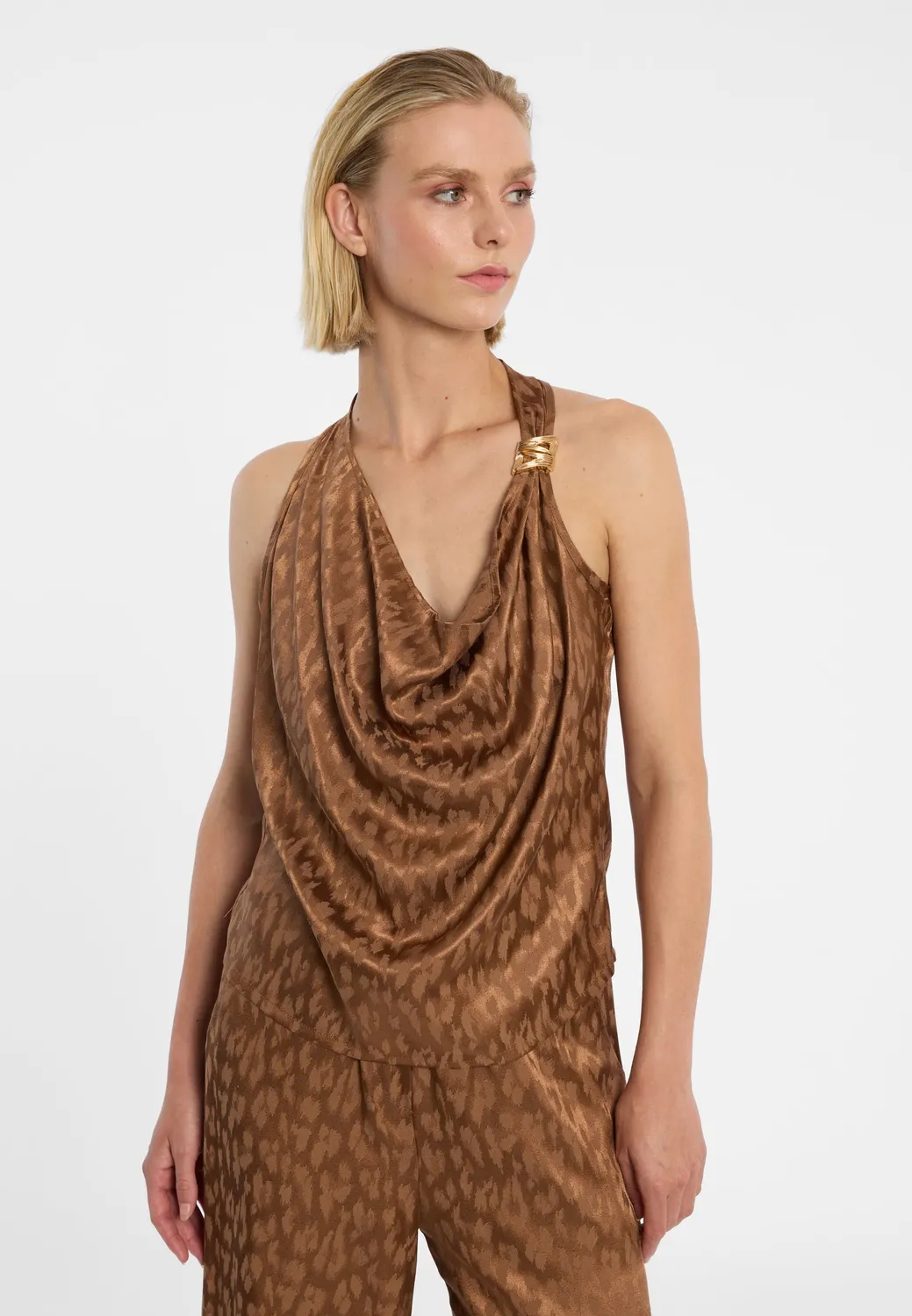 Ana Alcazar Drial top halterneck raso animalier marrone