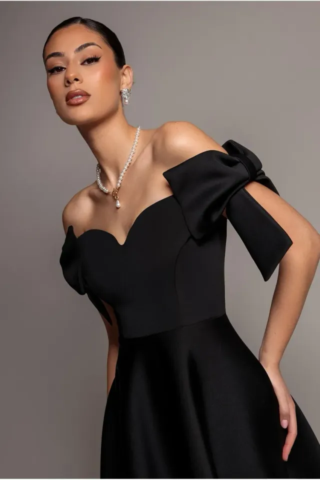 Goddiva Bardot DR5125 abito midi nero scollatura bardot