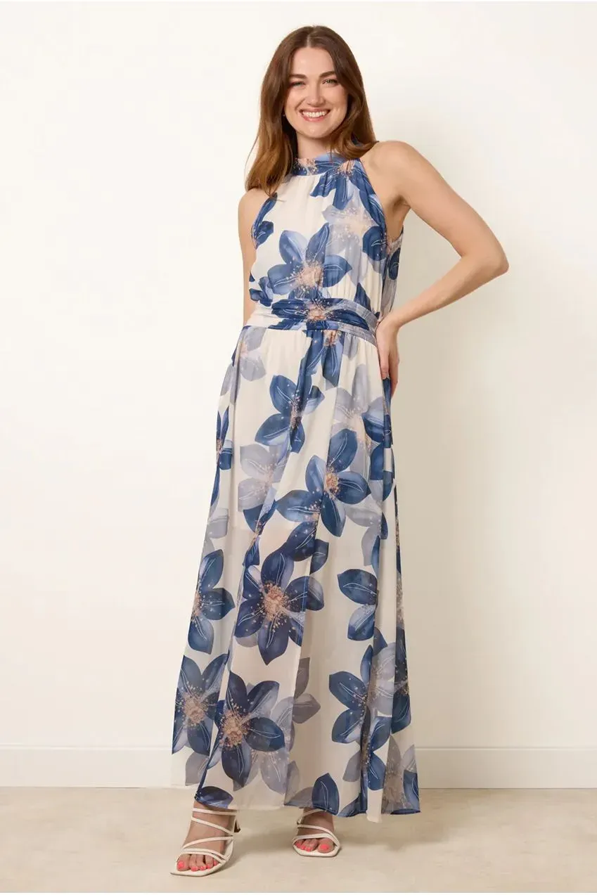 Blue Vanilla Floral Abito Maxi Navy Halter Floreale