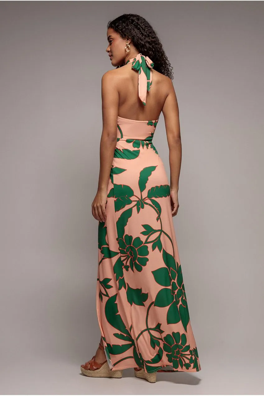 Goddiva Crossover abito maxi verde stampa floreale