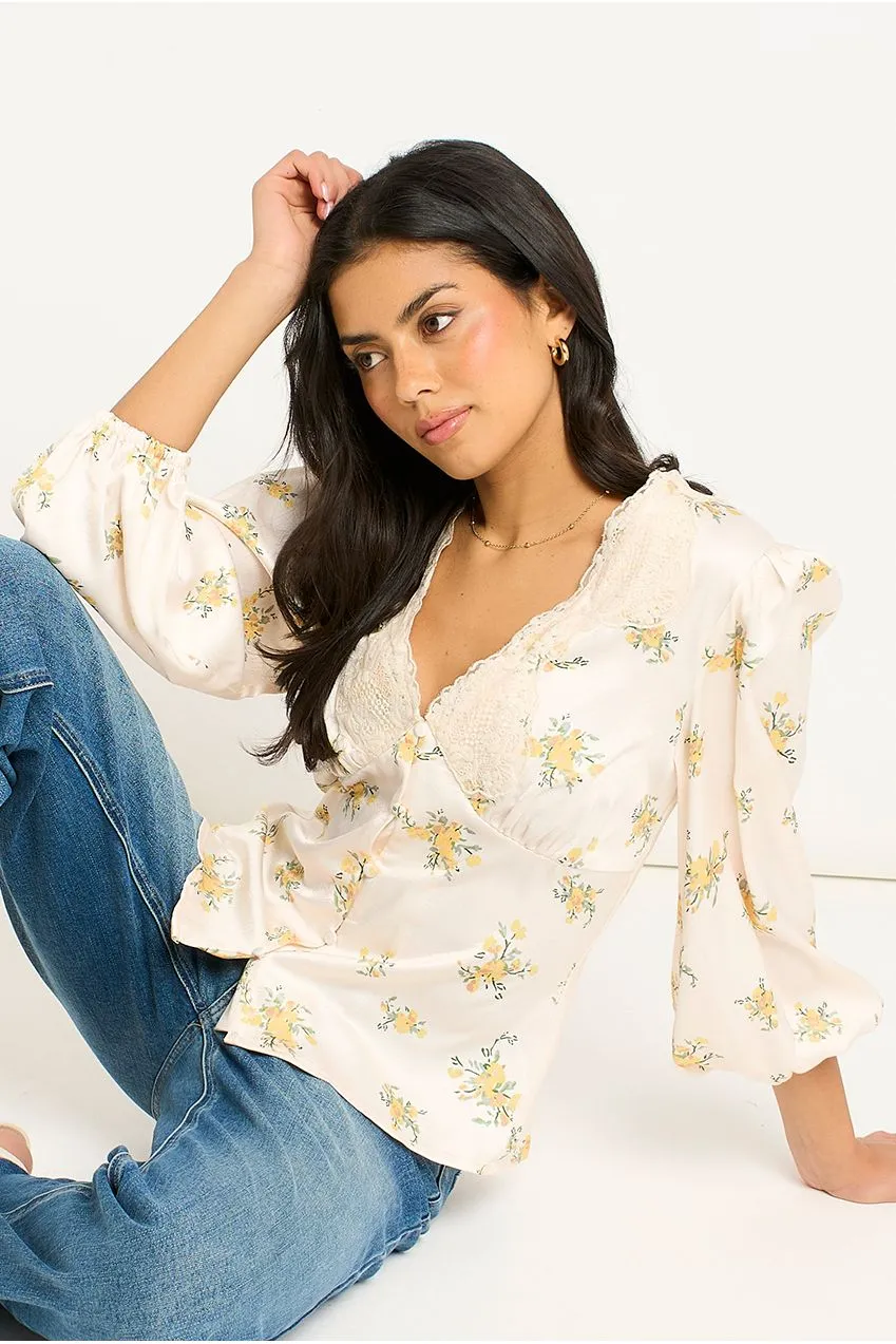 Gini London camicia satin pizzo crema floreale manica lunga