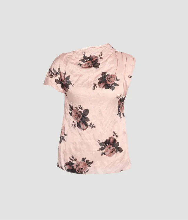 Erdem Floral Crushed Satin Short Sleeve Draped Top top raso