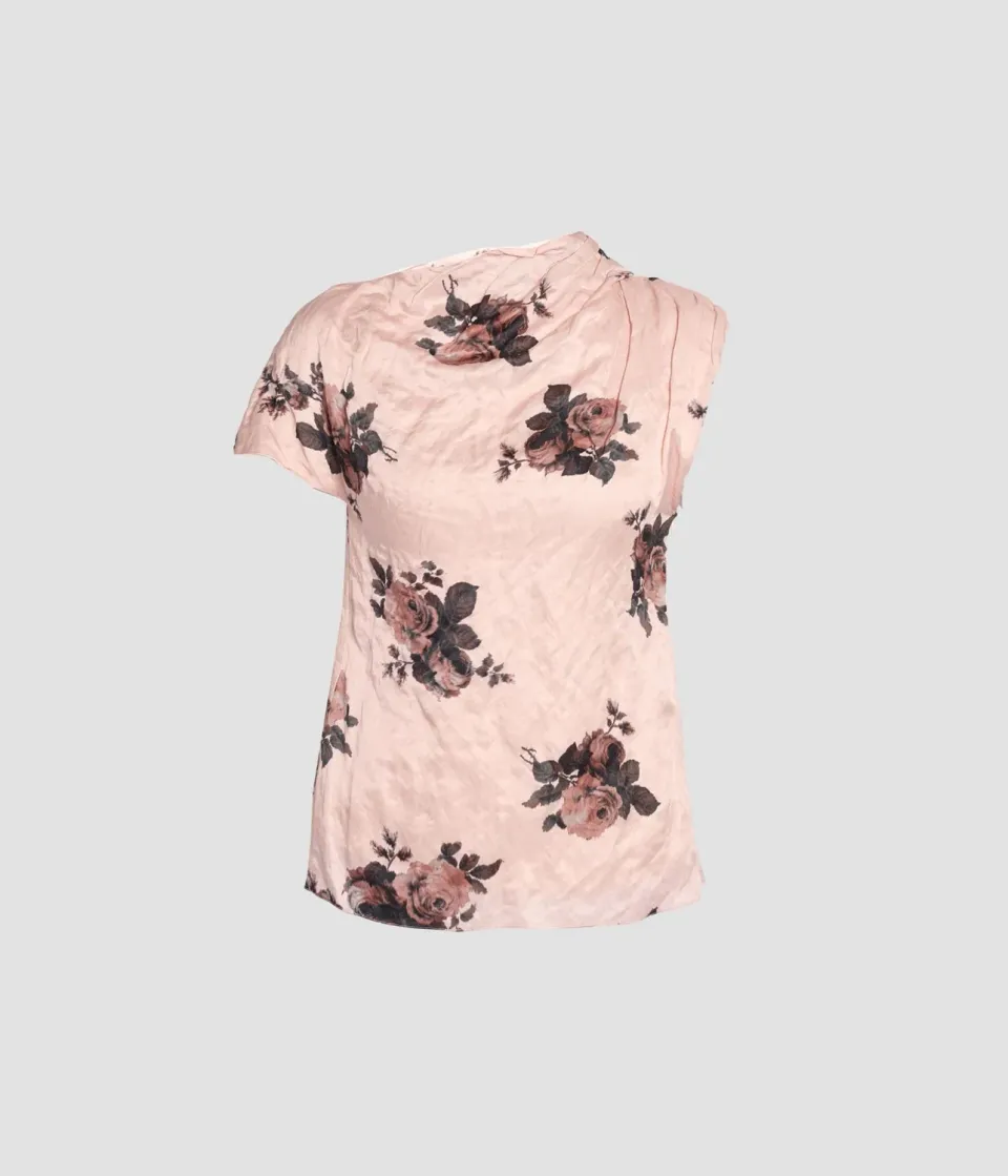 Erdem Floral Crushed Satin Short Sleeve Draped Top top raso