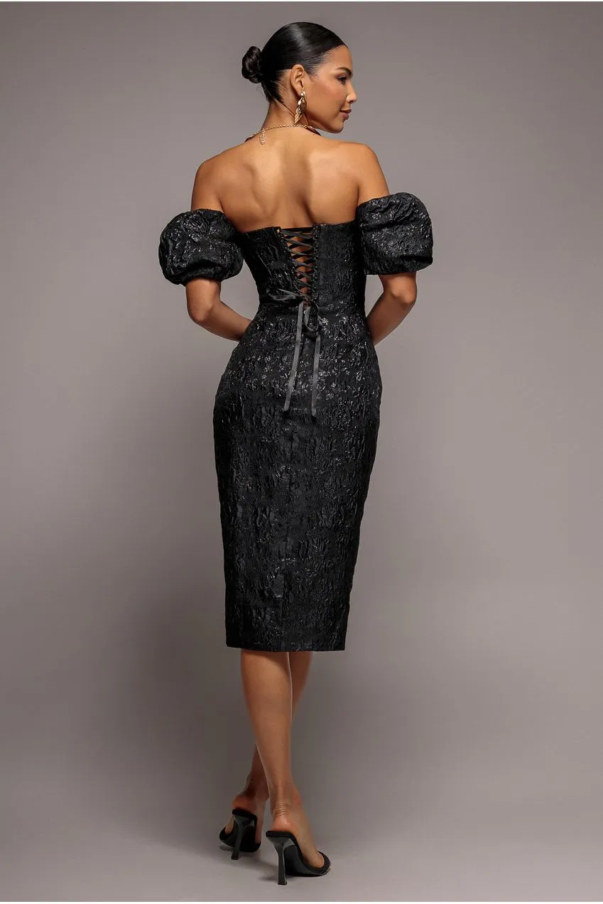 Goddiva Puff Sleeve Sweetheart abito midi nero jacquard
