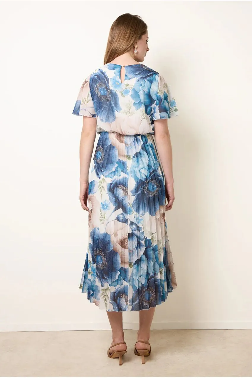 Blue Vanilla abito midi floreale blu manica corta scollo tondo