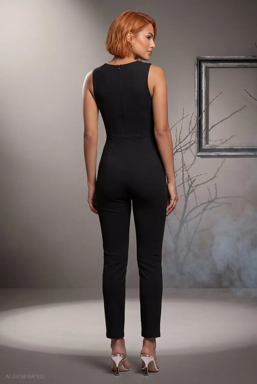 Goddiva Spy Agent tuta jumpsuit nera smanicata scollo a V