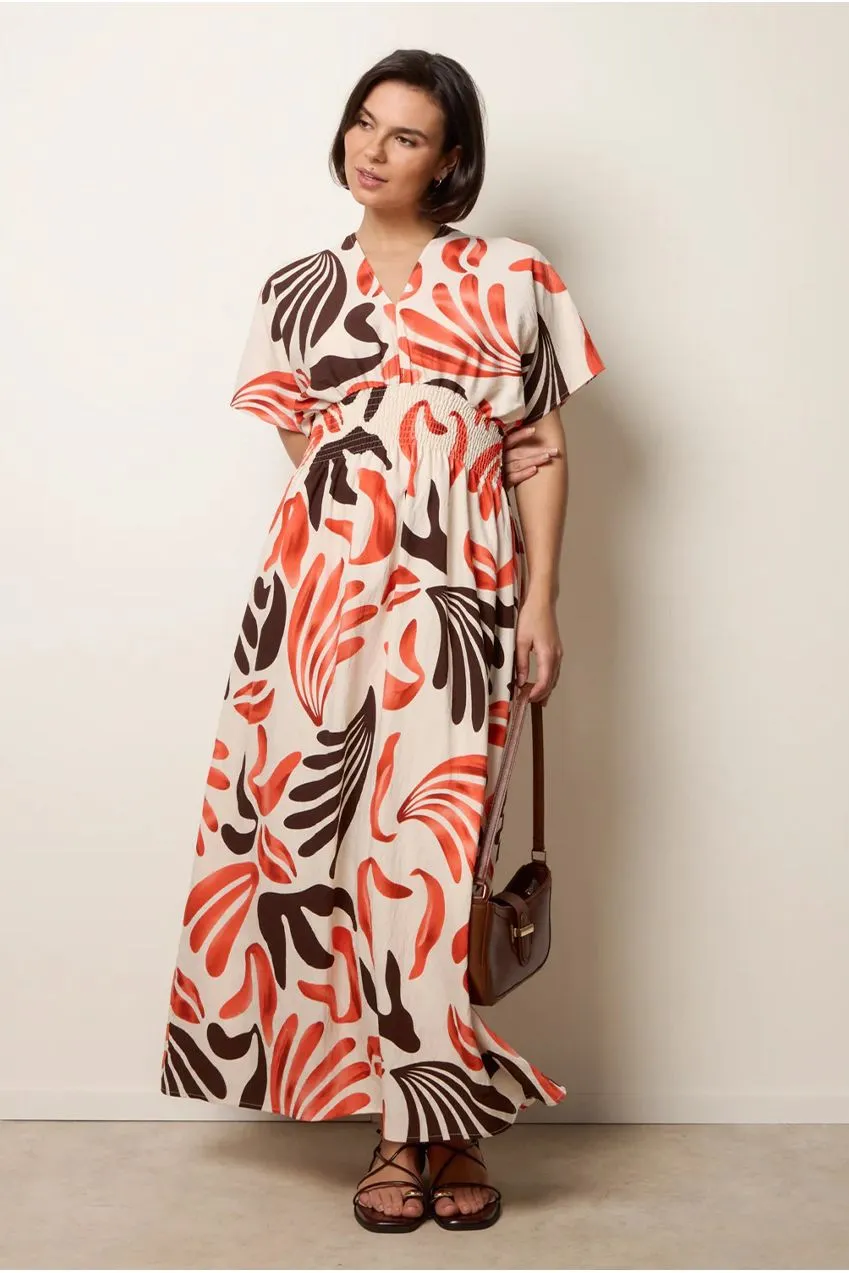 Blue Vanilla V Neck Abstract Leaf abito maxi arancione foglie