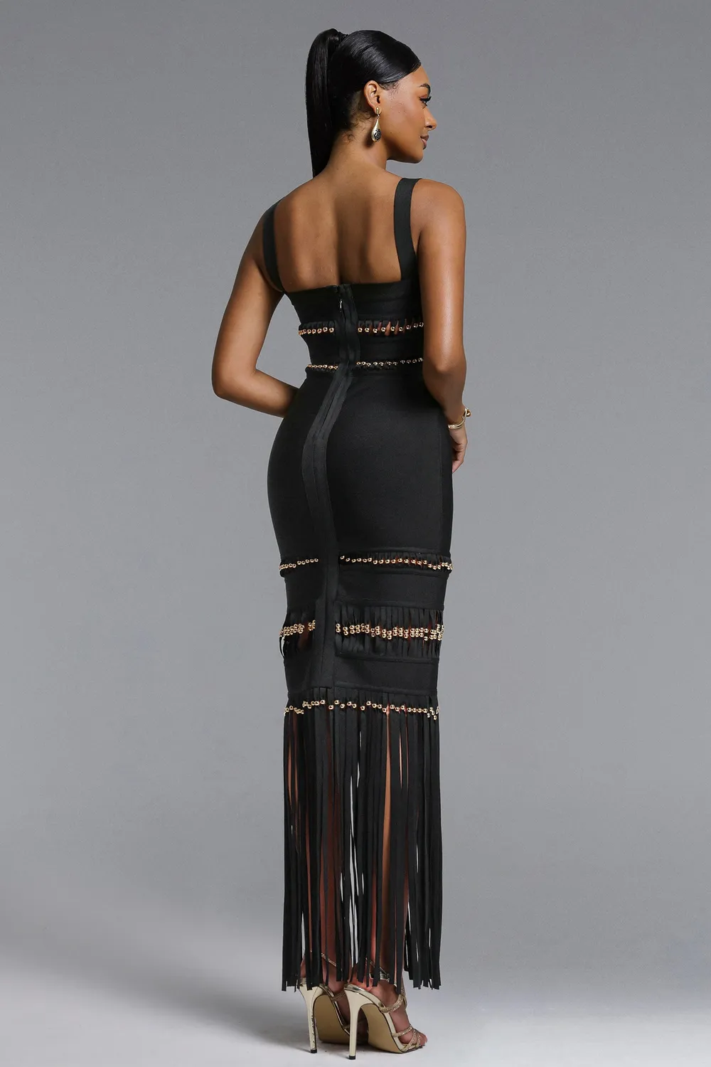 Goddiva Bella Barnett Shanley abito lungo nero L con frange