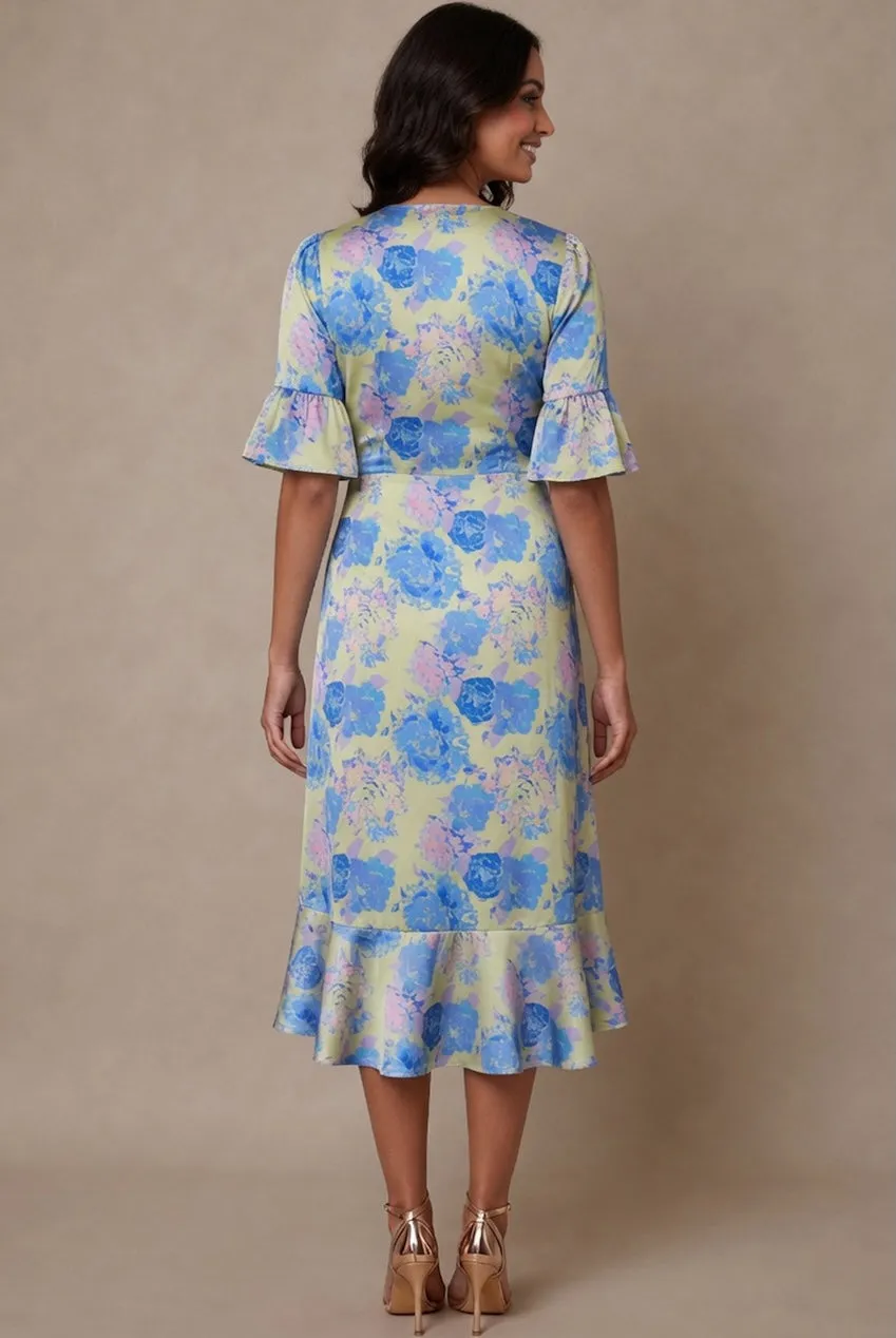 Chi Chi London Tie Front abito midi giallo floreale raso