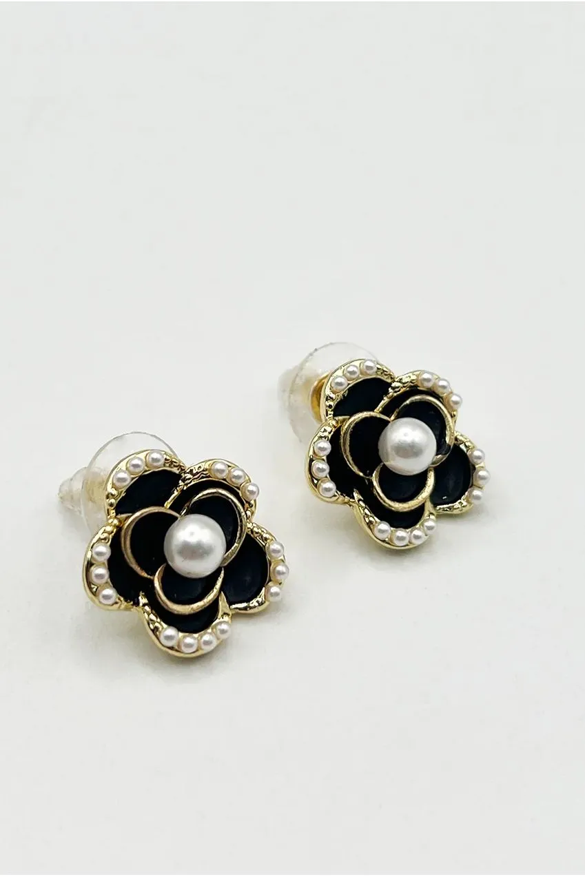 SVNX Black Flower Pearl orecchini oro fiore nero