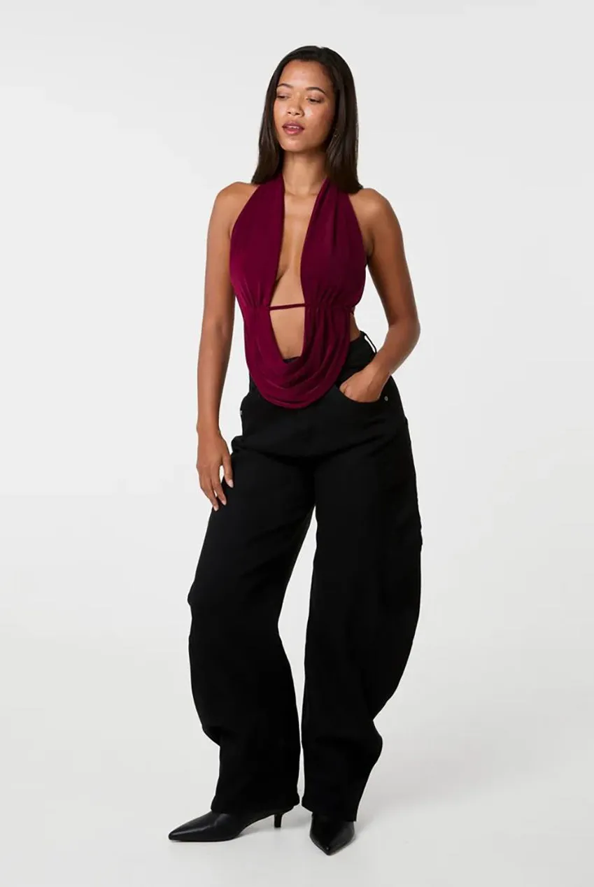 Pink Vanilla Halter Drape Tie Back top bordeaux S/M scollato