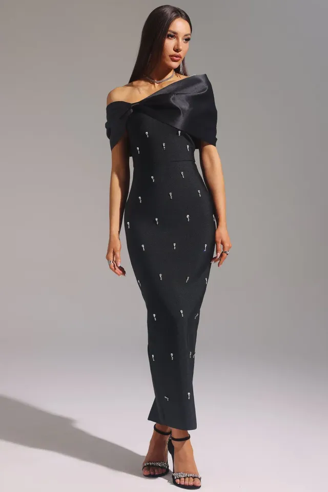 Bella Barnett Palez abito maxi nero monospalla bandage