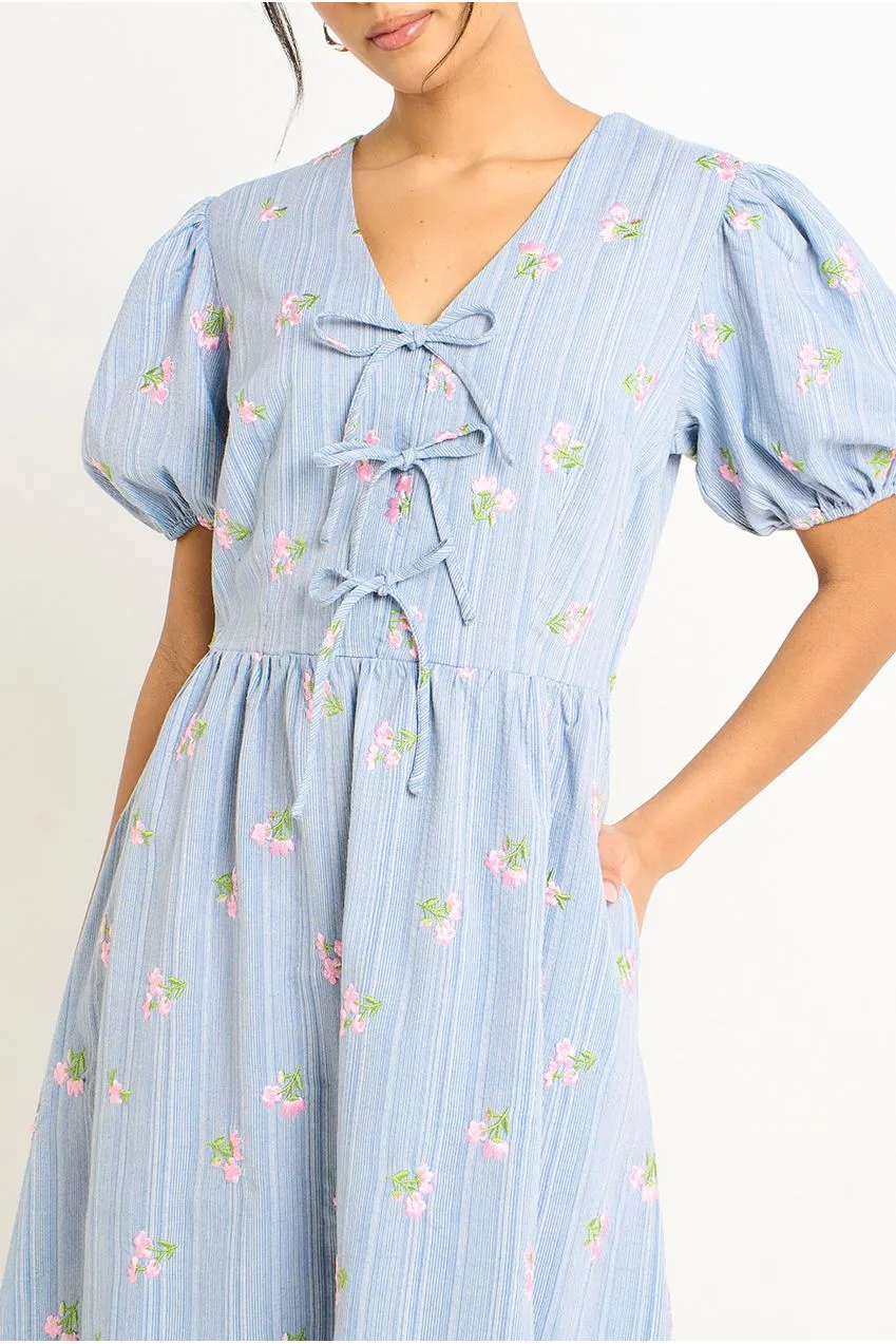 Gini London abito midi cotone azzurro maniche sbuffo