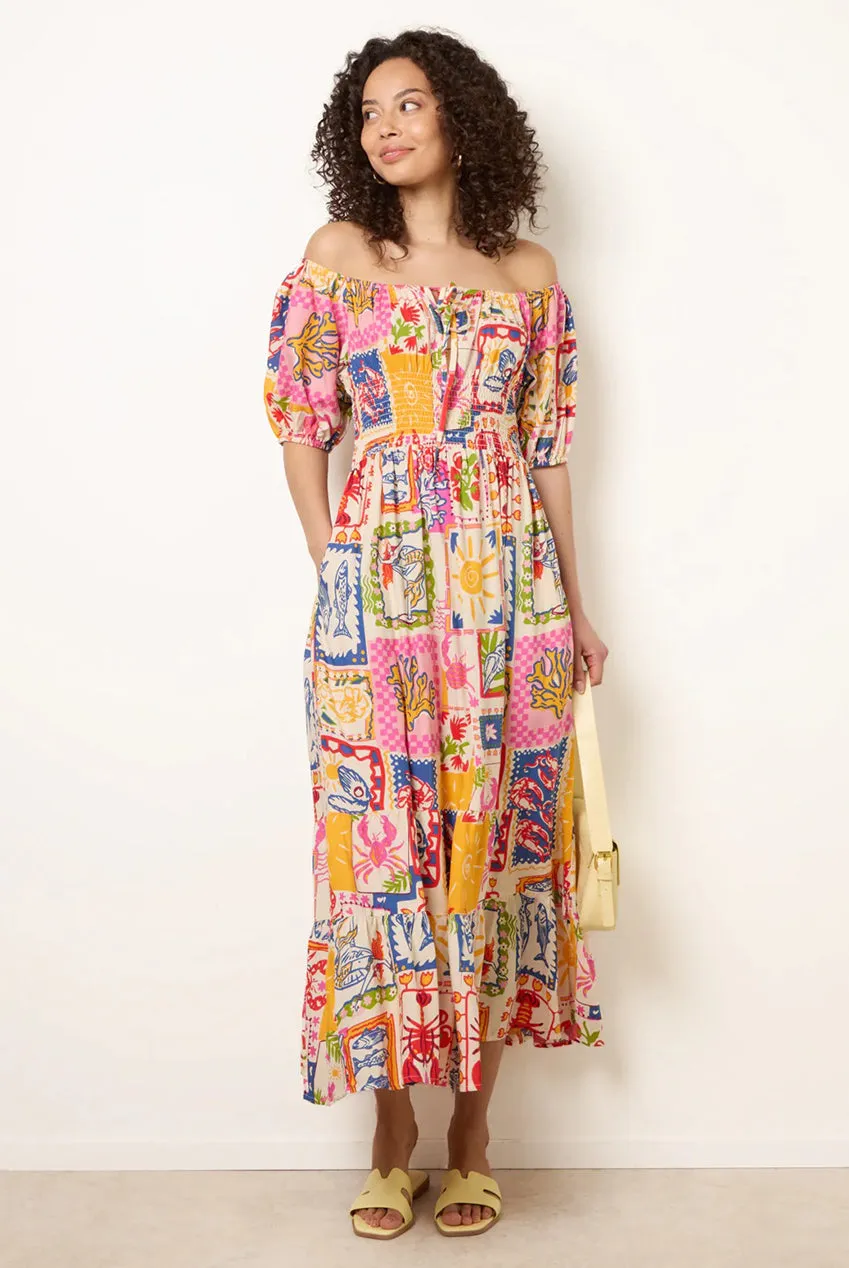 Blue Vanilla Abito Midi Bardot Viscosa Stampa Postcard Multi S