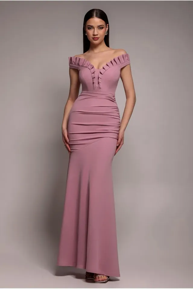 Goddiva Off Shoulder Frill abito maxi rosa arricciato