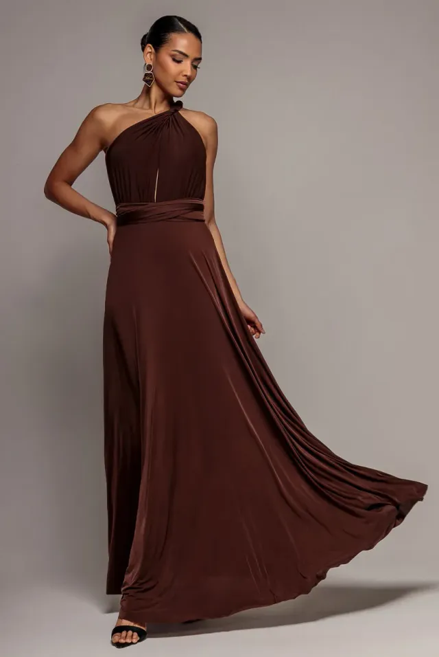 Goddiva Multiway abito maxi marrone allacciato