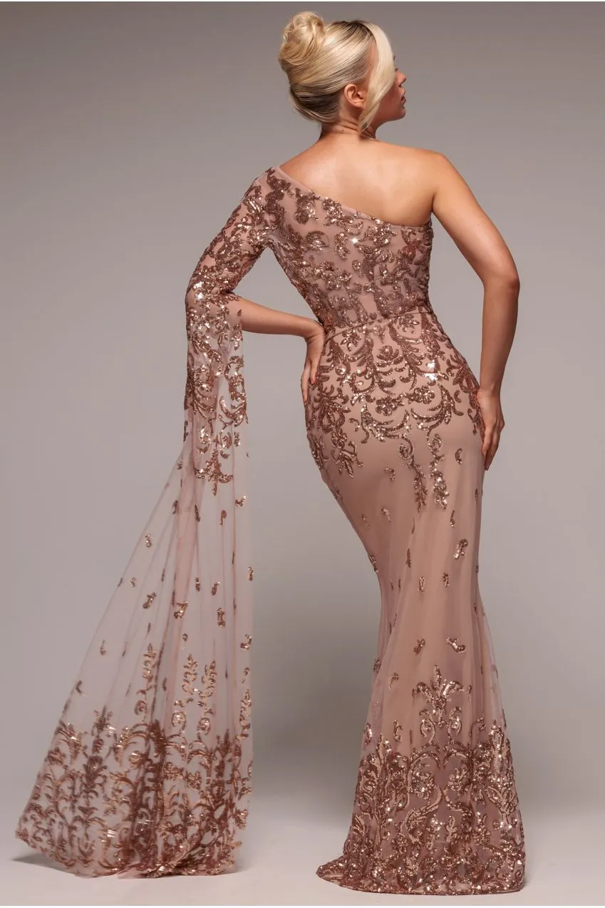 Goddiva Sequin Mesh One Shoulder Abito Maxi Champagne