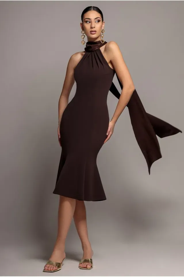 Goddiva abito midi halterneck DR4973 marrone
