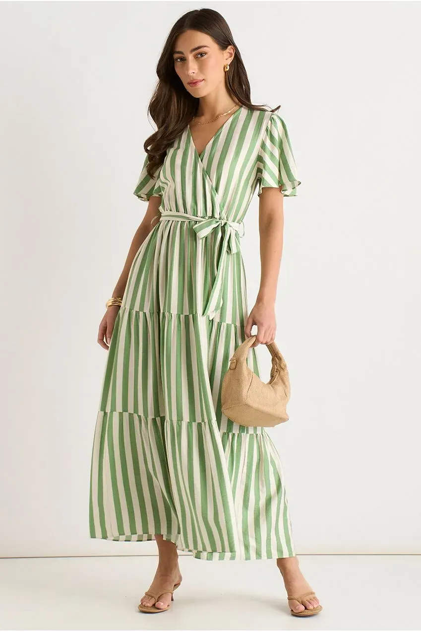 Gini London Wrap abito midi verde salvia a righe viscosa