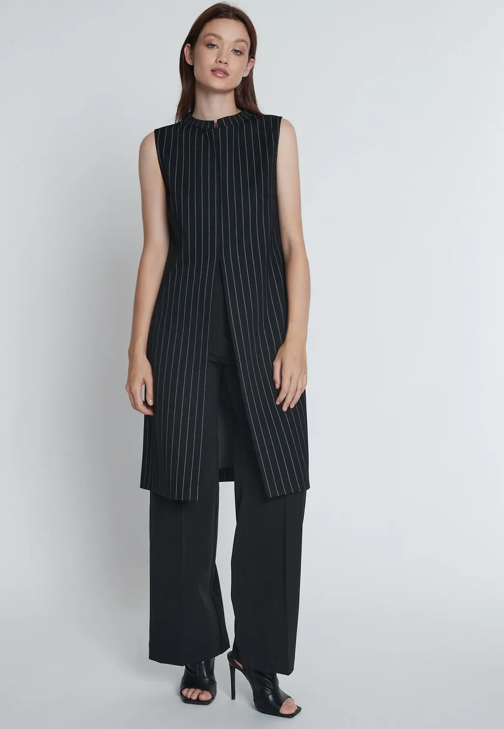 Ana Alcazar Mesta Top Nero Gessato Collo Alto Smanicato