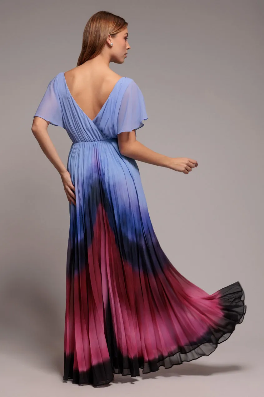 Goddiva Wavy Ombre Abito Lungo Chiffon Blu