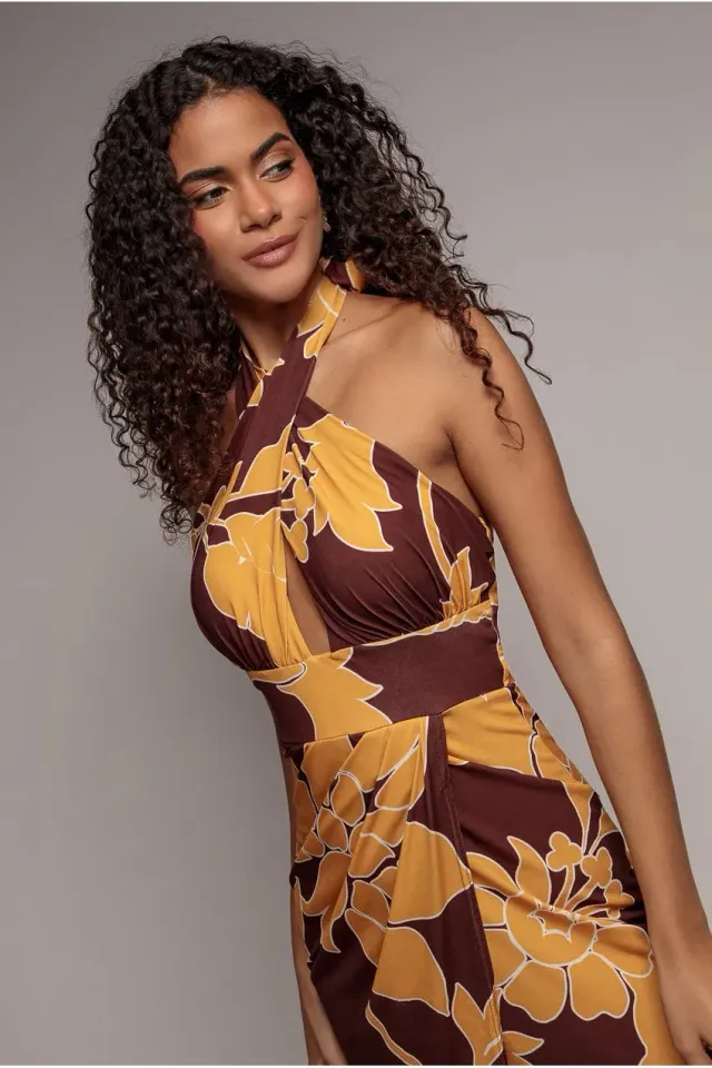 Goddiva Abito Maxi Fantasia Marrone Scollo Halter