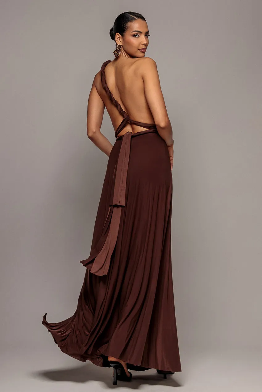 Goddiva Multiway abito maxi marrone allacciato