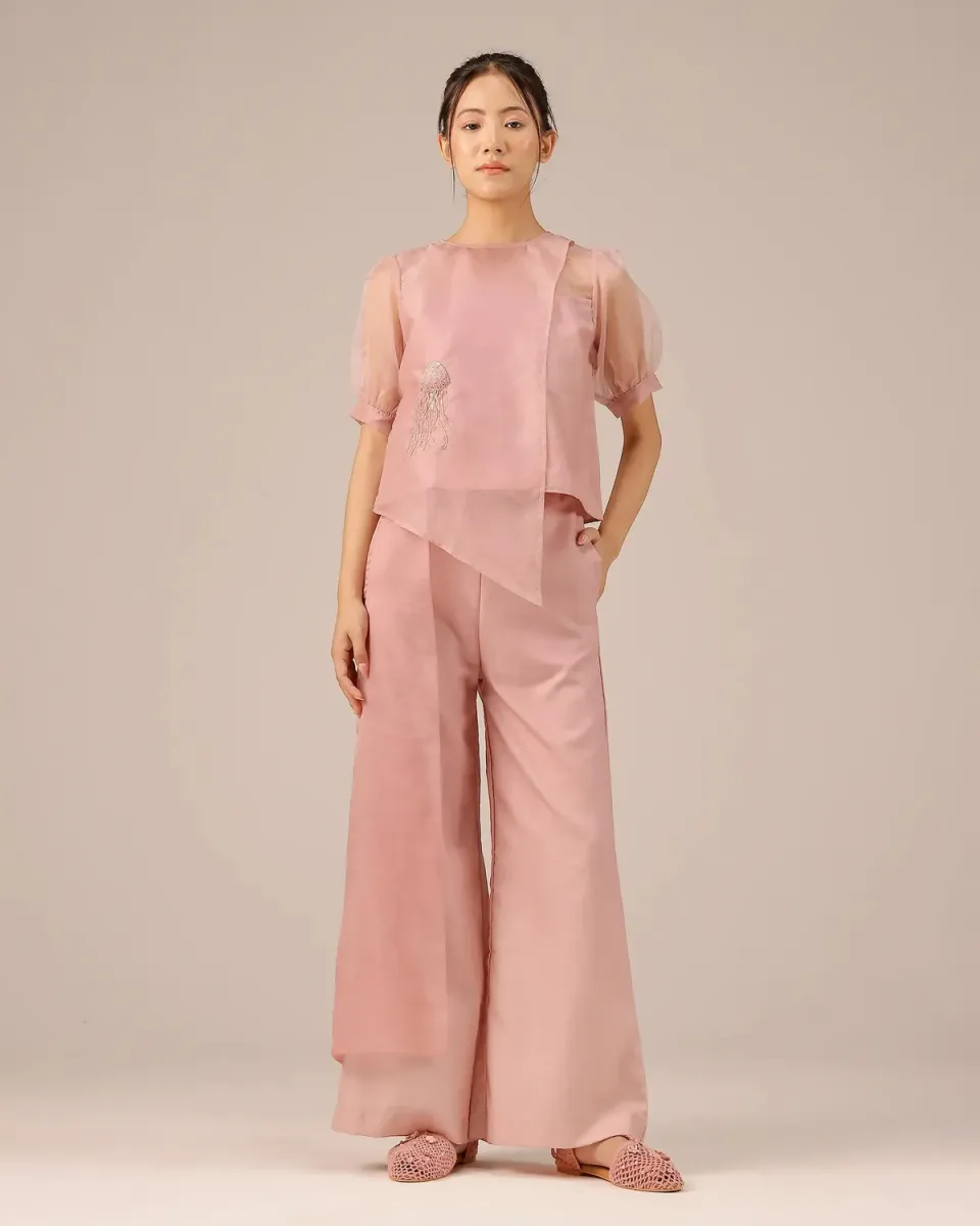 Our Dve Blum Jelly completo top e pantaloni rosa ricamo