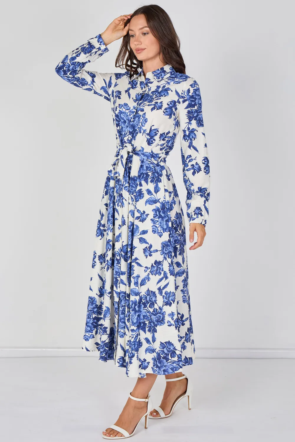 Love Sunshine Porcelain abito camicia maxi blu cintura