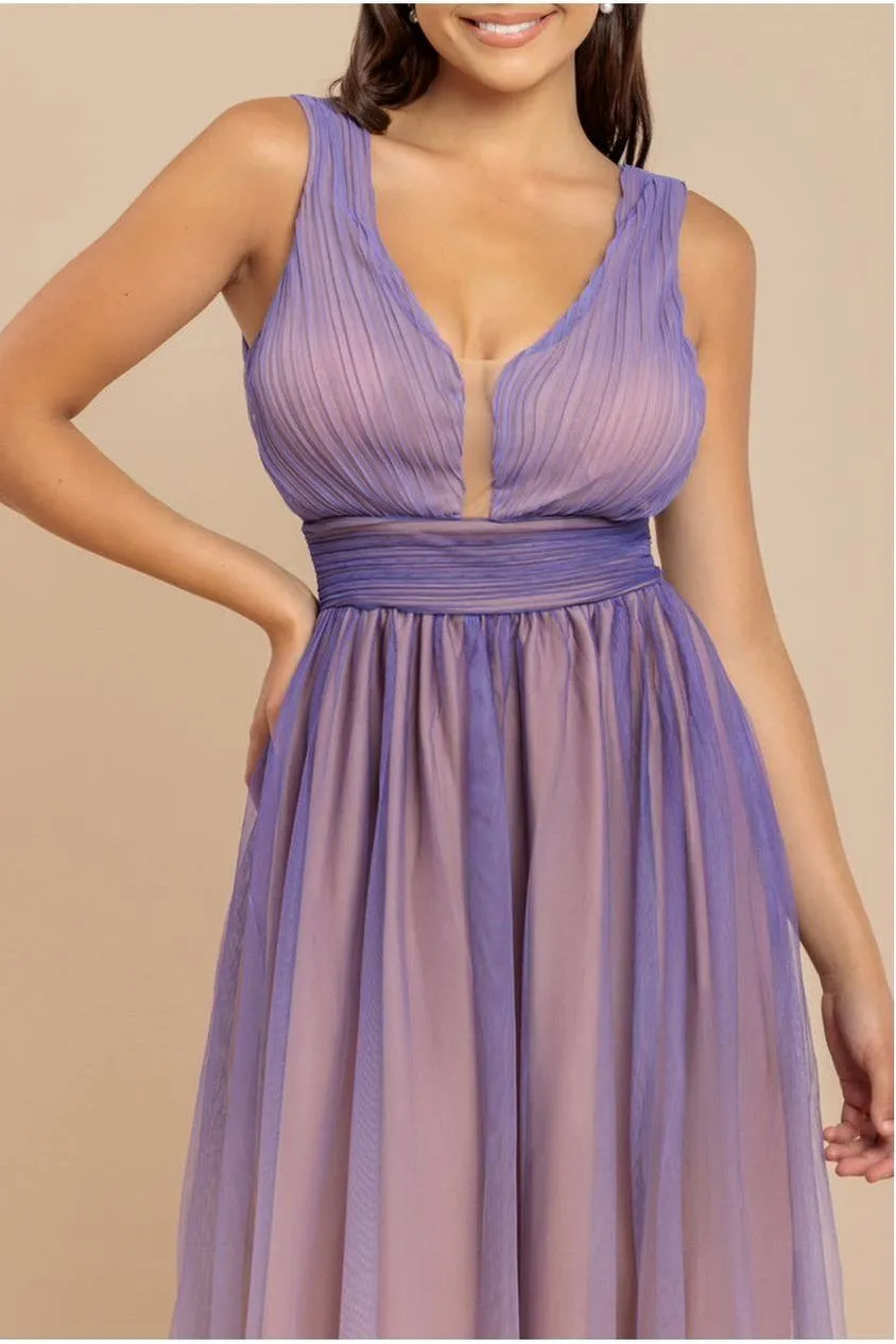 Goddiva Ombre Pleated abito maxi lilla sfumato chiffon