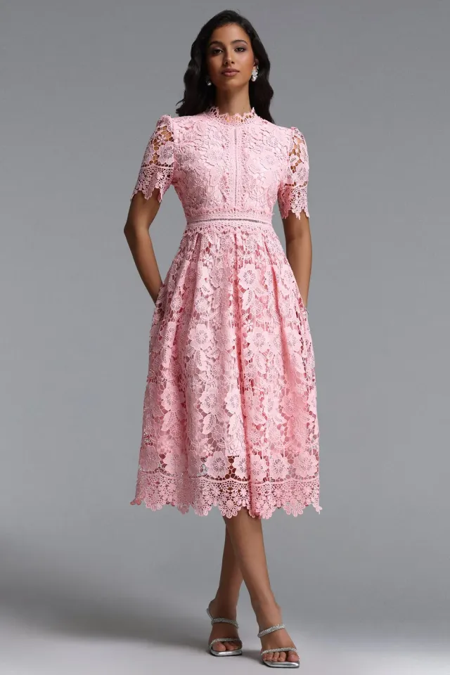 Bella Barnett Valema abito midi rosa pizzo floreale