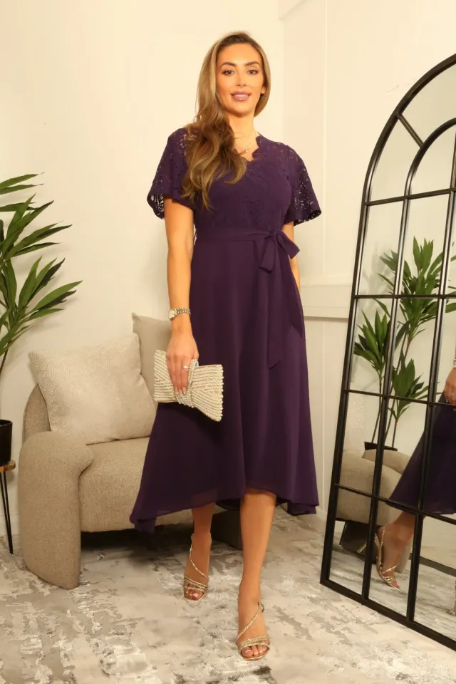 Double Second Abito Pizzo Viola Midi Incrocio Scollo Pizzo