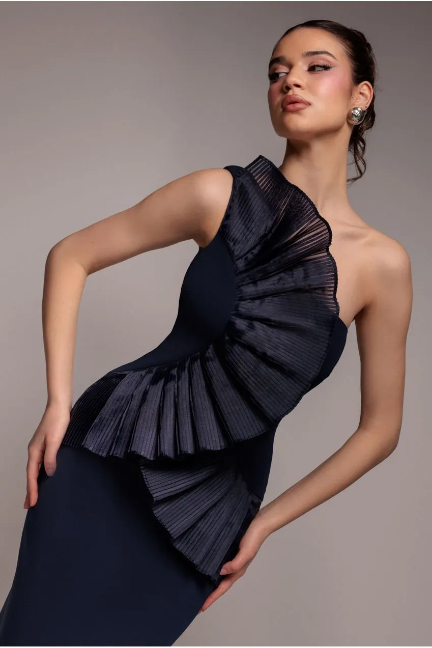Goddiva One Shoulder Pleated Fan abito maxi blu navy