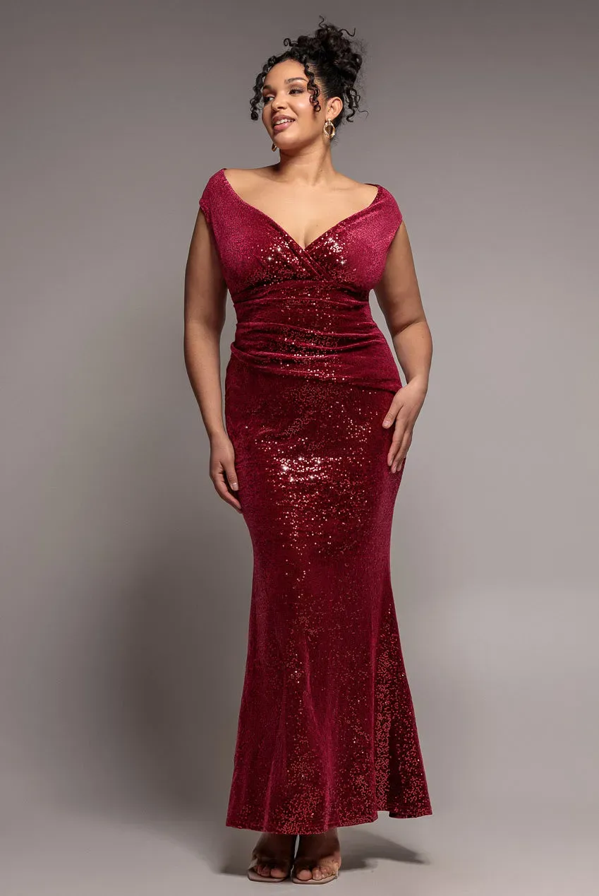 Goddiva Plus Bardot abito maxi paillettes vino