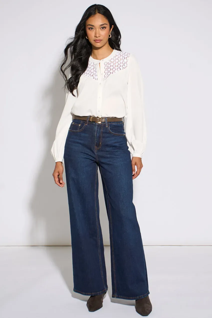 Gini London Jeans Vita Media Blu Gamba Larga in Denim