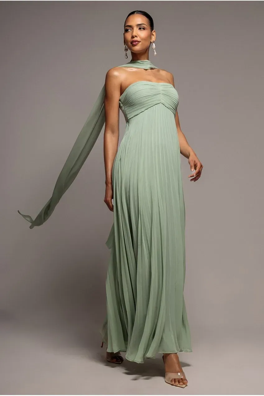 Goddiva Pleated Chiffon abito maxi verde salvia con coppe