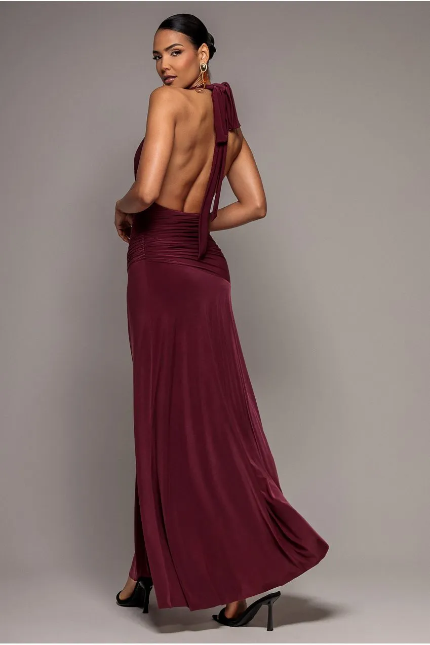 Goddiva Halter Neck Empire Waist abito maxi burgundy scollo halter