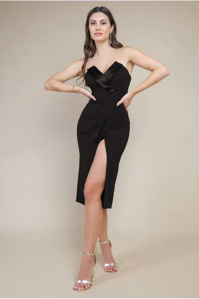 Goddiva Scuba Midi abito nero satin collo spacco 12