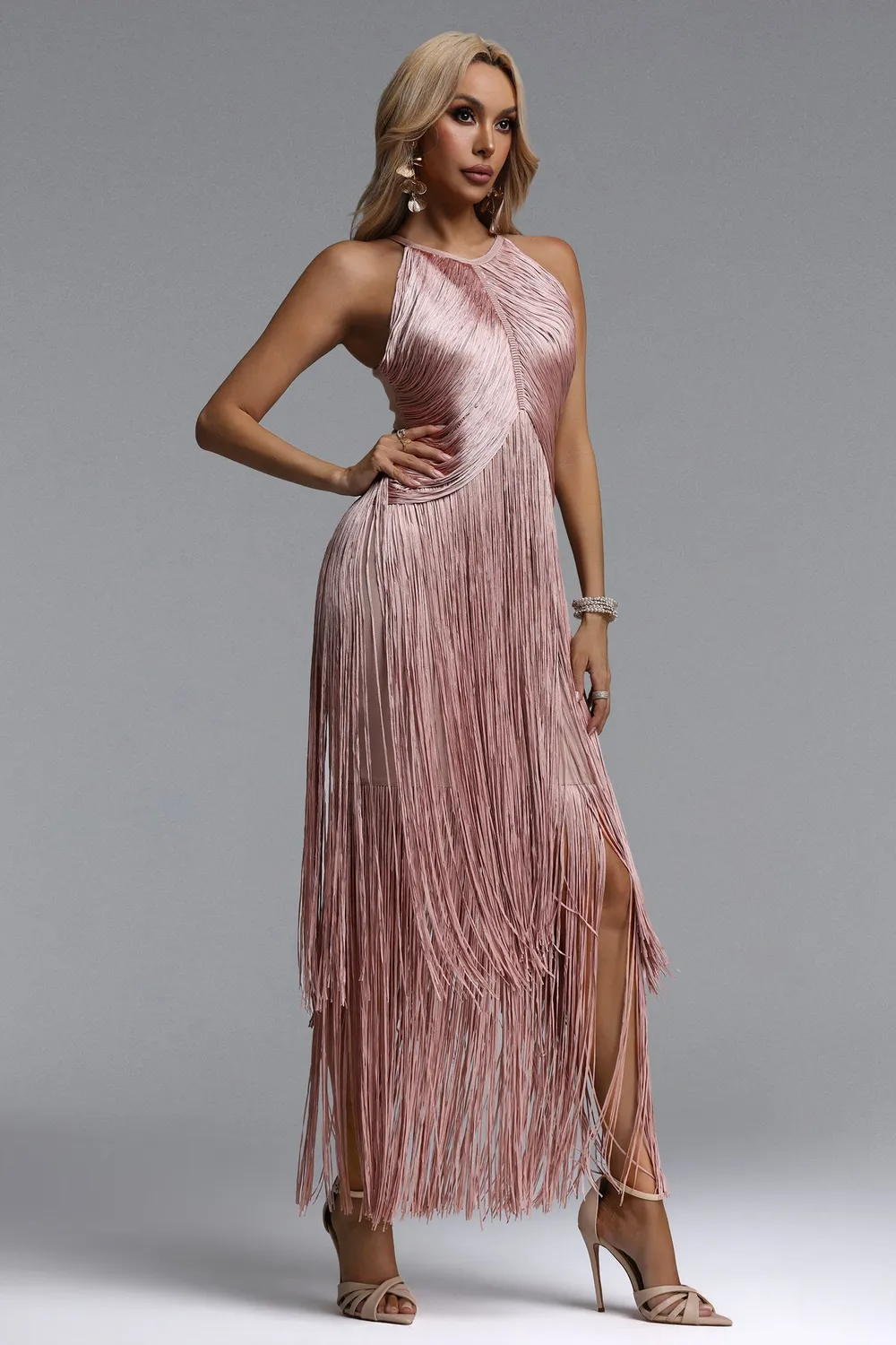 Goddiva Bella Barnett Taye abito maxi rosa bandage frange