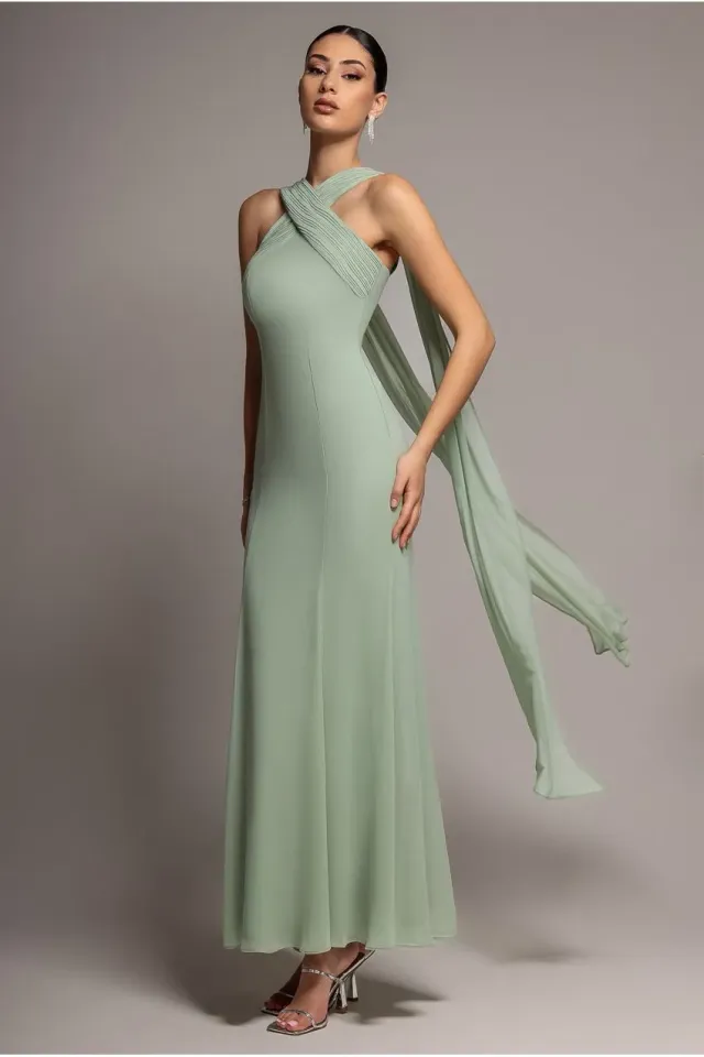 Goddiva Cross Front abito maxi chiffon verde salvia