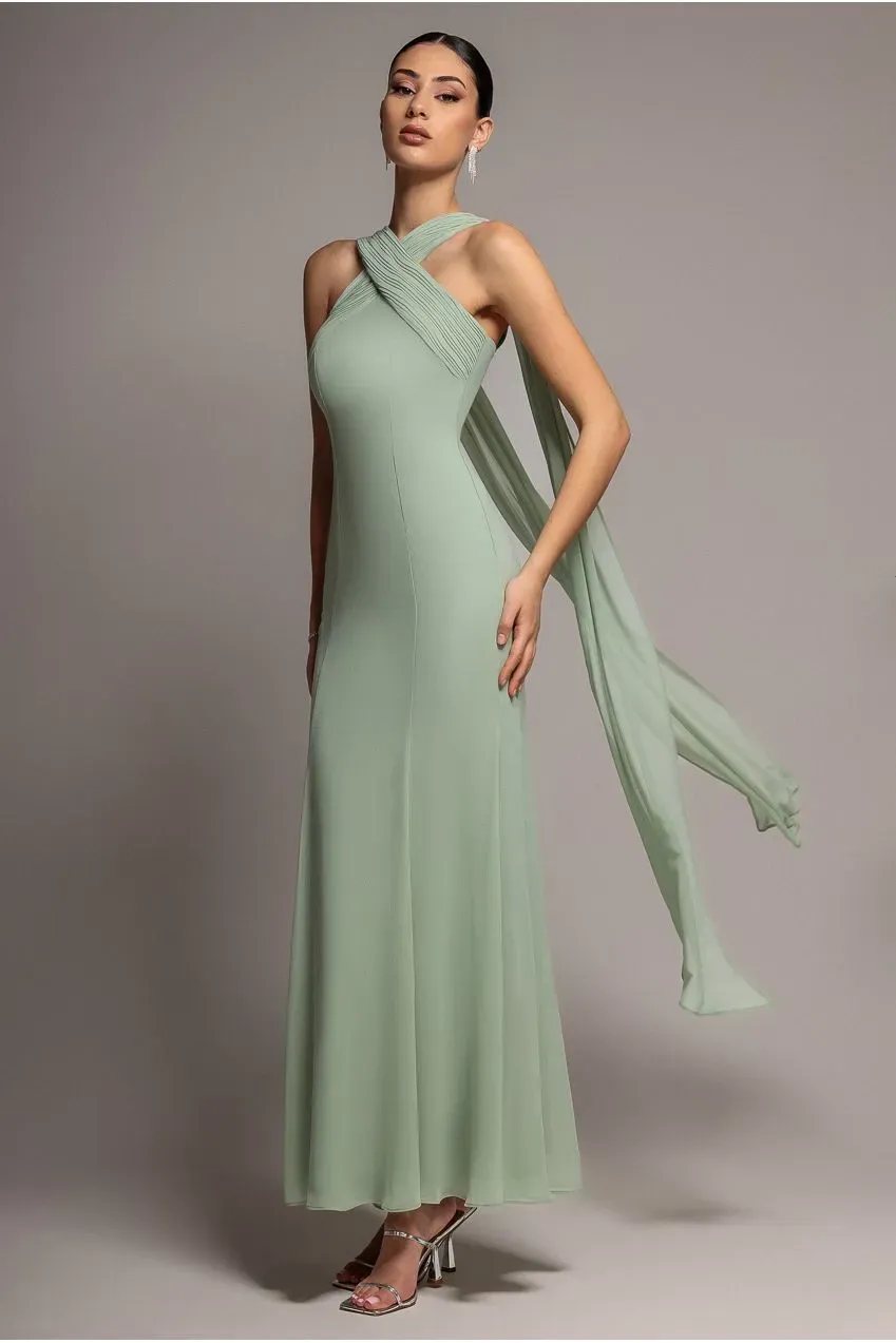 Goddiva Cross Front abito maxi chiffon verde salvia