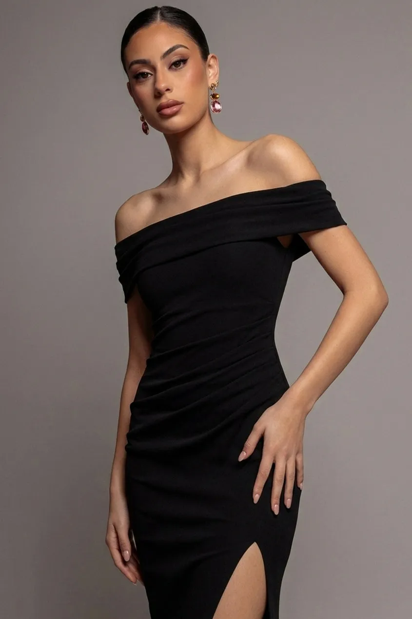 Goddiva abito lungo spalle scoperte nero scuba con spacco