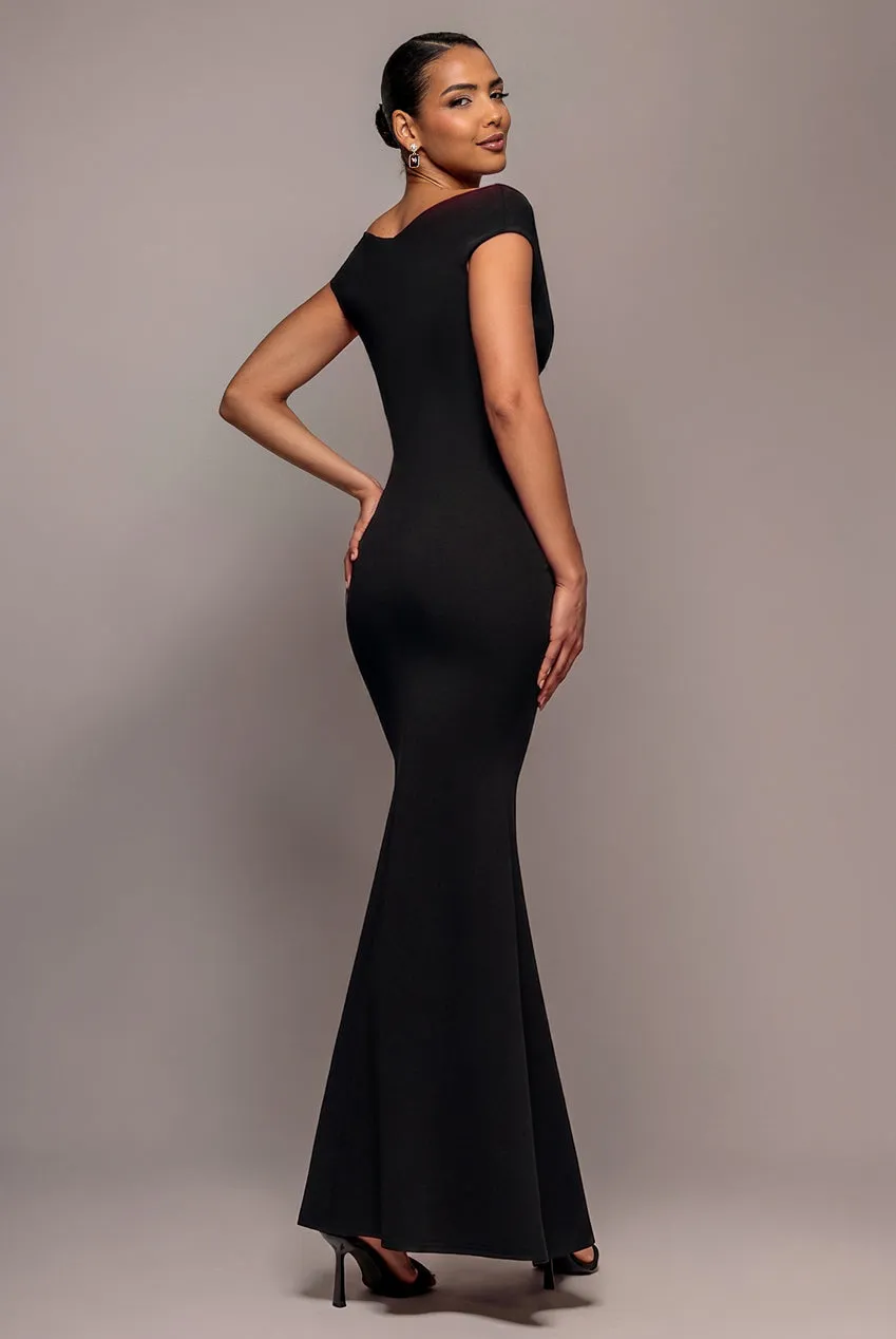 Goddiva Bardot Scuba Crepe abito lungo nero spalle scoperte