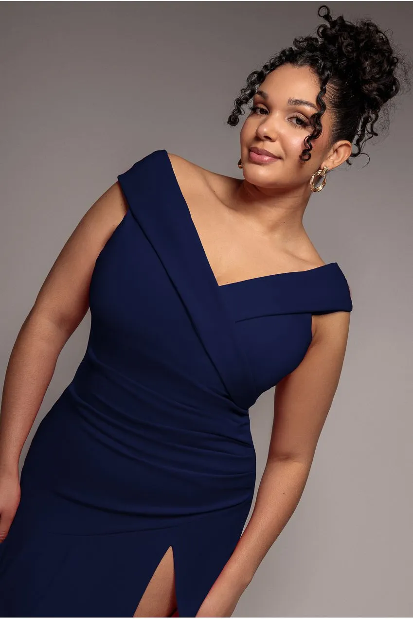 Goddiva Plus Scuba Crepe abito maxi navy spalle scoperte 18-26